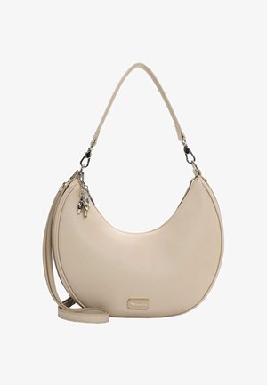 Beżowa skórzana torebka o półksiężycowym kształcie, z pojedynczym paskiem na ramię i srebrnymi elementami metalowymi. Posiada metkę marki oraz detale z zamkiem błyskawicznym.