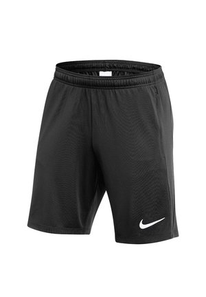 Schwarze Sportshorts mit elastischem Bund und Seitentaschen, mit weißem Nike-Logo am linken Bein.