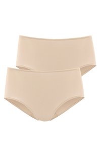 Beige puuvillased hipster aluspüksid, mis on varustatud siledast kangast, kõrge lõike ja elastse vööga. Komplekt sisaldab kahte paari.