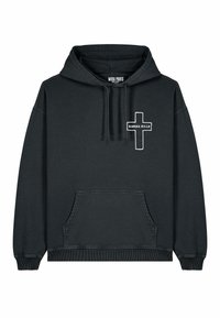 Črna kapuca izdelana iz mehkega blaga, ki ima sprednji žep, rebraste manšete in bel križ s besedilom "KARMA UBIA" na prsih.