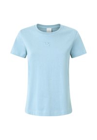 T-shirt in cotone azzurro chiaro con maniche corte, colletto rotondo e una piccola grafica ricamata sul petto. Texture liscia, vestibilità regolare.