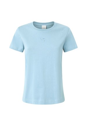 T-shirt in cotone azzurro chiaro con maniche corte, colletto rotondo e una piccola grafica ricamata sul petto. Texture liscia, vestibilità regolare.