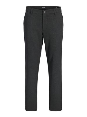 Donkergrijze slim-fit formele broek met riemlussen, knoopsluiting en voorzakken, gemaakt van gladde stof.