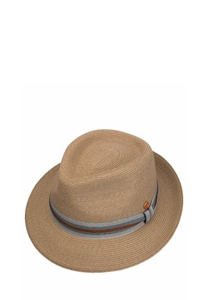 Light brown woven fedora hat with a gray, brown, and black striped ribbon band and a small round metal emblem on the side.