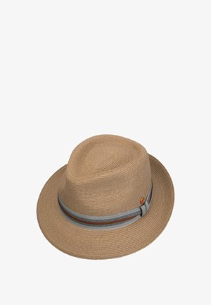 Light brown woven fedora hat with a gray, brown, and black striped ribbon band and a small round metal emblem on the side.