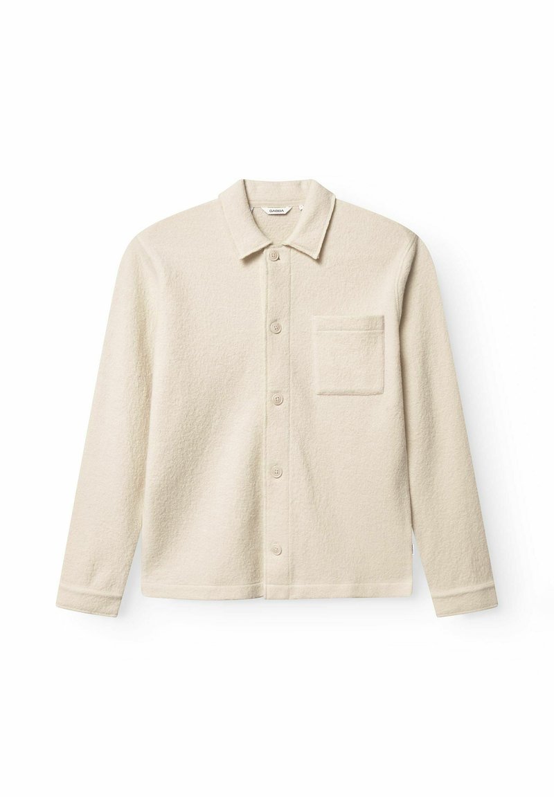 Off-white, textuur shirtjack met een kraag, voorknopen en een borstzak. Lange mouwen met knoopmanchetten. Casual ontwerp.