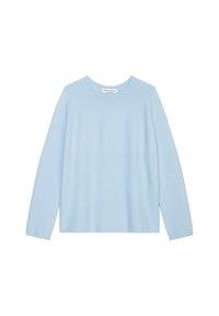 Pull bleu clair à manches longues en tissu tricoté doux. Présente un col ras du cou et une coupe décontractée avec une texture lisse.
