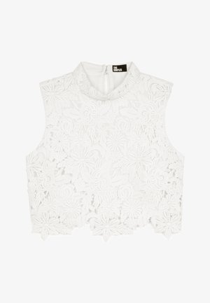 Ärmelloses weißes Spitzen-Crop-Top mit floralen Mustern, hohem Kragen und Reißverschluss auf der Rückseite von der Marke The Kooples.