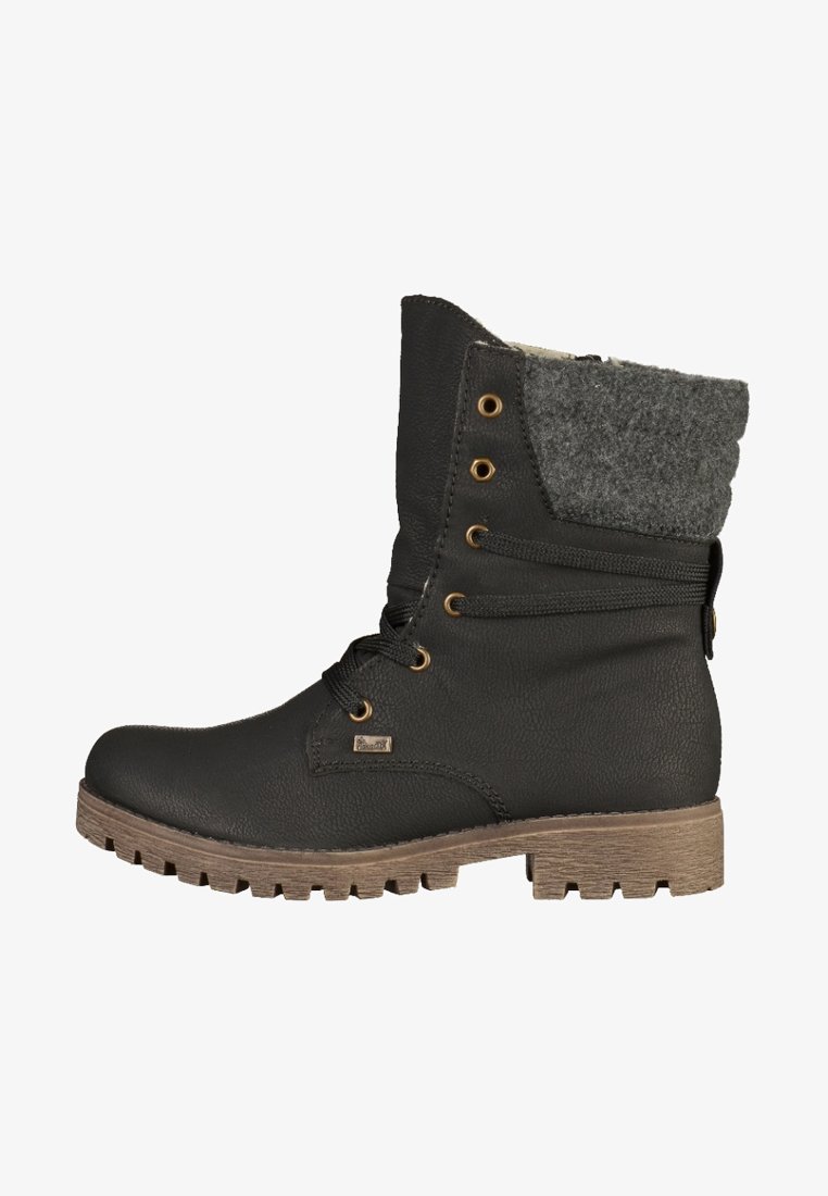 Black ankle boots with a textured leather exterior, gray wool collar, gold eyelets, and a durable rubber sole with a rugged tread pattern.
