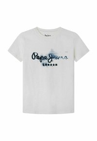 Bílá bavlněná tričko s modrým akvarelovým potiskem a nápisem "Pepe Jeans LONDON" v neformálním písmu. Krátké rukávy, kulatý výstřih.