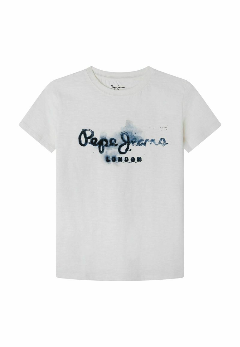 Bílá bavlněná tričko s modrým akvarelovým potiskem a nápisem "Pepe Jeans LONDON" v neformálním písmu. Krátké rukávy, kulatý výstřih.
