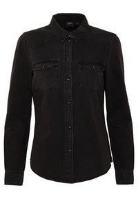 Black denim shirt with long sleeves, button-up front, pointed collar, two chest pockets, and subtle stitching details.