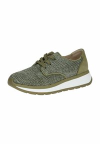 Baskets vert olive avec une tige tressée, des accents en cuir lisse, un bout rond et une semelle intermédiaire blanche. Conçues avec des lacets plats et une semelle rembourrée.