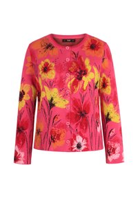 Růžový cardigan s dlouhým rukávem, zapínáním vpředu na knoflíky a velkými květinovými vzory v žluté, červené, oranžové a bílé barvě.