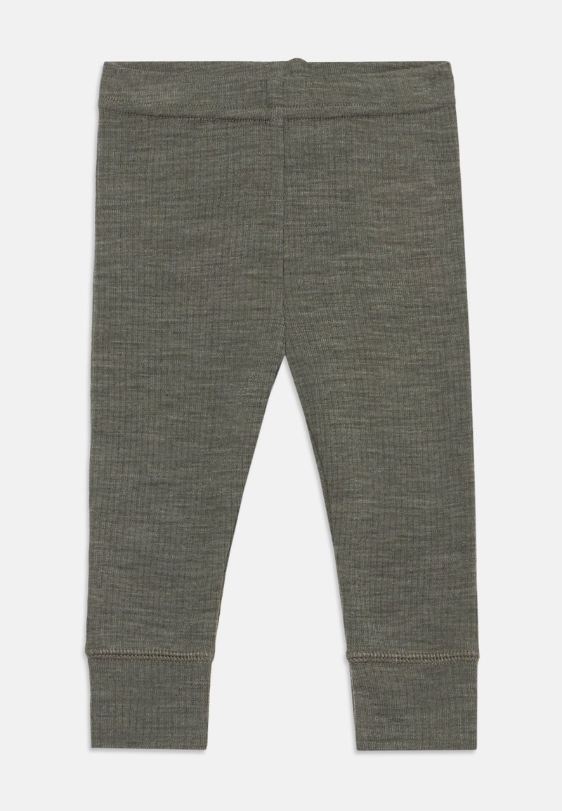 Leggings bébé en maille douce vert olive avec une ceinture élastique et des chevilles retroussées, posés à plat sur un fond blanc.