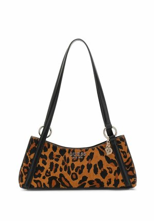 Bolso de mano de estampado de leopardo con asas negras; hecho de tela texturizada. Incluye un logotipo y acentos decorativos en hardware.