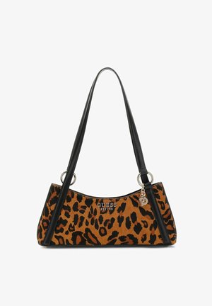 Bolso de mano de estampado de leopardo con asas negras; hecho de tela texturizada. Incluye un logotipo y acentos decorativos en hardware.