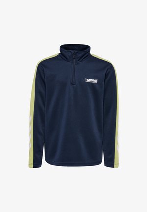 Marinefarbener Fleece-Zip-Pullover mit hohem Kragen, hellgrünen Seitenpaneelen, weißem Logo und schrägen weißen Streifen an den Ärmeln.