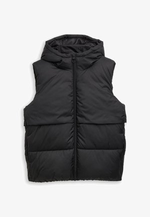 Vest negru pufos cu glugă, cu fermoar frontal, model pătrat orizontal și fără mâneci. Textură netedă, material ușor.