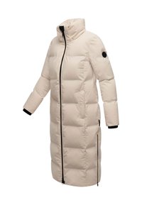 Beige pufjakke med høj krave, frontlynlås og sidelommer. Har en quilted struktur og sorte håndledsmanchetter for varme.