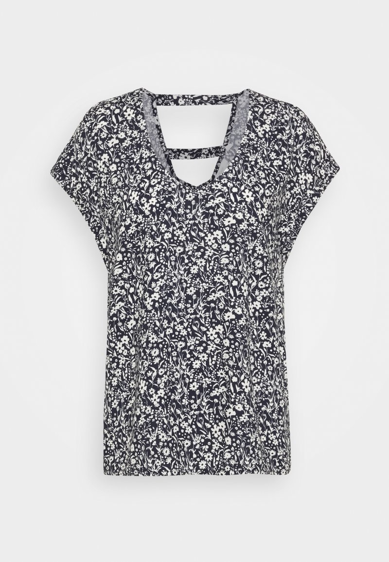 Haut à imprimé floral marine avec des manches courtes, doté d'un col en V et d'un détail découpé au dos. Tissu doux et léger avec un motif texturé.