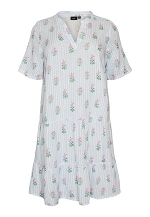 Voľné šaty s krátkym rukávom s modrými vertikálnymi pruhmi a ružovou kvetinovou potlačou, s výstrihom do V a viaczónovým lemom.