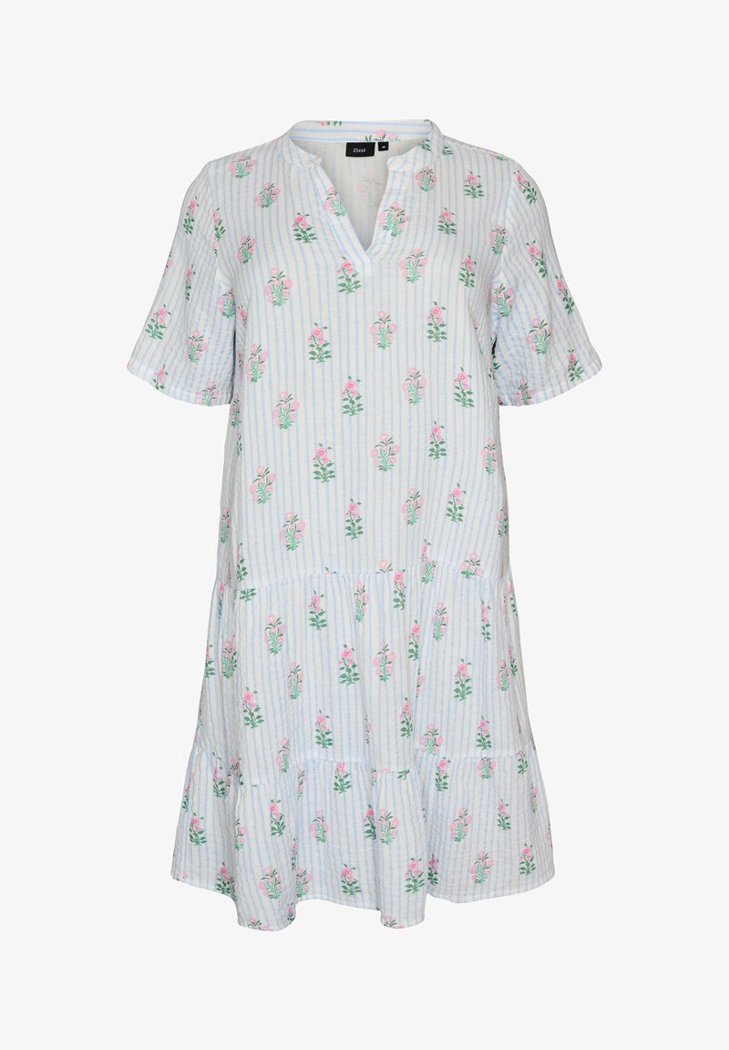 Robe ample à manches courtes avec rayures verticales bleues et imprimé floral rose, avec col en V et ourlet à volants.