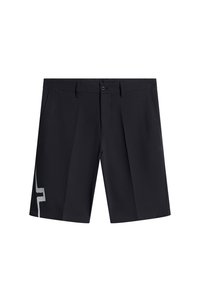 Svarta shorts i ett smidigt, lätt material, med ett silverrandigt mönster på vänster sida och en klassisk frontknäppning.