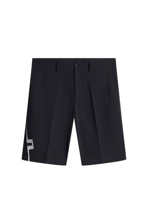 Sorte shorts i et glat, letvægtsstof med et sølvstribet mønster på venstre side og en klassisk lukning med knap foran.