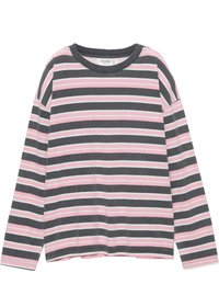T-shirt a maniche lunghe con righe orizzontali grigie, rosa e bianche. Tessuto morbido, scollo rotondo e vestibilità comoda.