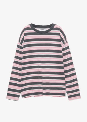 Langärmliges Oberteil mit horizontalen Streifen in Grau, Rosa und Weiß. Weicher Stoff, runder Ausschnitt und lässige Passform.
