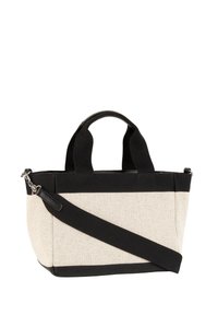Torba na ramię z płótna w jasnobeżowym kolorze z czarnymi akcentami, wyposażona w podwójne górne uchwyty oraz odpinany pasek, umożliwiający różne sposoby noszenia.