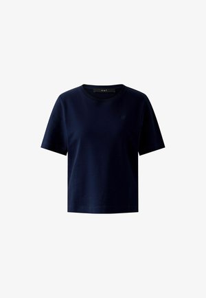 Navyblaue Baumwoll-T-Shirt mit kurzen Ärmeln, Rundhalsausschnitt und kleinem Logoakzent auf der Brust. Weiche Textur und lockere Passform.