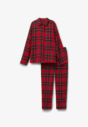 Red plaid pajama set featuring long-sleeve button-up top with a collar and matching pants, both made from soft fabric with a checkered pattern.