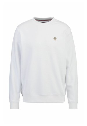 Weißes Sweatshirt mit Rundhalsausschnitt, gerippten Bündchen und einem kleinen goldenen Logo auf der Brust. Hergestellt aus einem weichen, strukturierten Material.