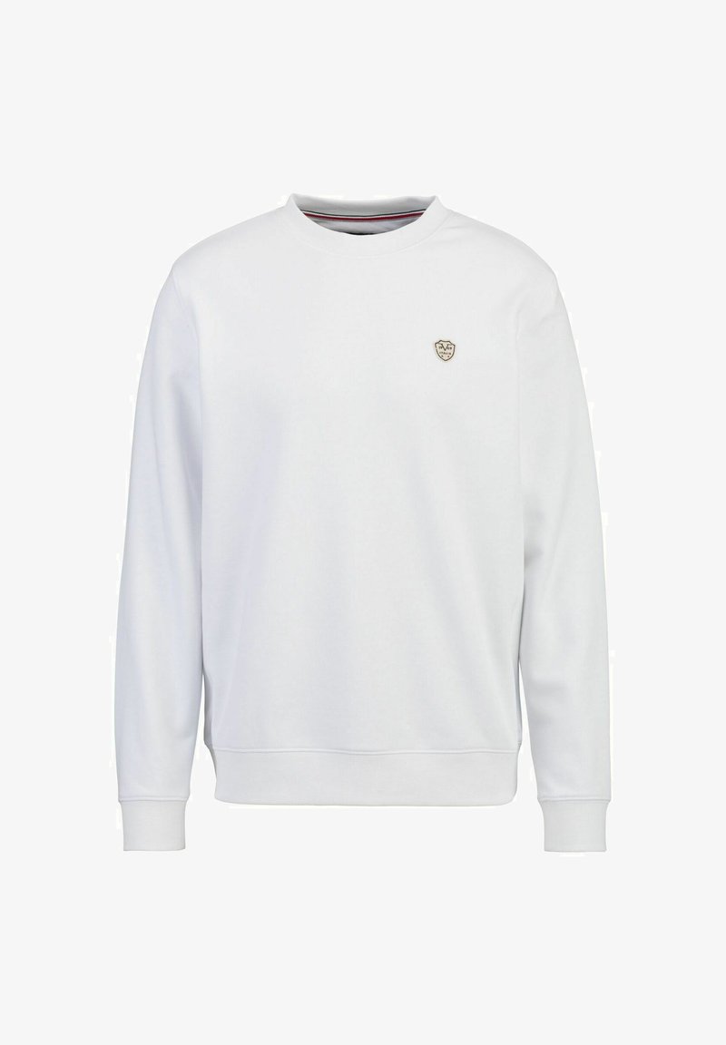 Weißes Sweatshirt mit Rundhalsausschnitt, gerippten Bündchen und einem kleinen goldenen Logo auf der Brust. Hergestellt aus einem weichen, strukturierten Material.