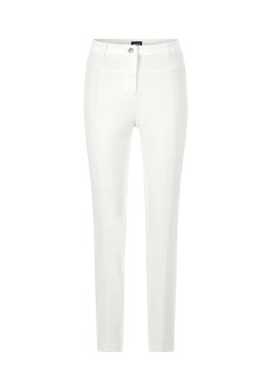 Pantaloni bianchi aderenti con bottone frontale e passanti per cintura, design senza cuciture e gambe dritte.