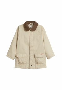Beige trenchcoat med en brun manchestyp krage, två framfickor och tryckknappsstängning. Har ett rutigt mönster invändigt.