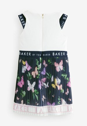 Bíl dress bez rukávů s plisovanou námořnickou sukní zdobenou barevnými potisky motýlů, s námořnickým pasem s nápisem "BAKER".