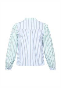 Stripet bluse med blå og grønne lodrette striber, lange puffærmer, en knappet manchet og en høj rygudskæring. Tekstureret stof.