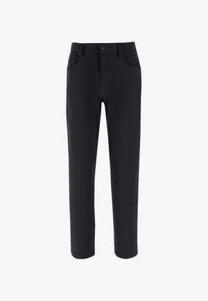 Černé kalhoty z hladké, elastické látky. Mají zapínání na knoflík, dvě přední kapsy a rovný střih nohavic.