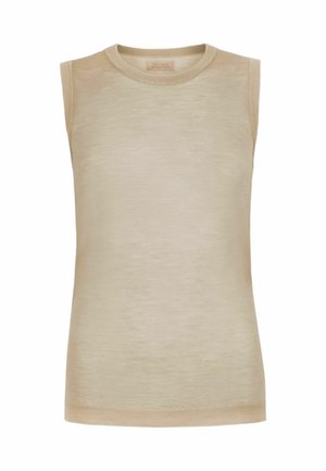 Mouwloos beige gebreid topje met ronde halslijn en geribbelde randen. Eenvoudige, lichte stof met subtiele textuur.