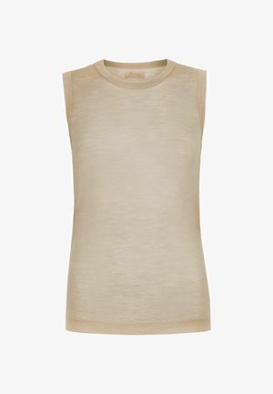 Ärmelloses, beigefarbenes Stricktop mit rundem Ausschnitt und gerippten Kanten. Einfacher, leichter Stoff mit dezenter Struktur.