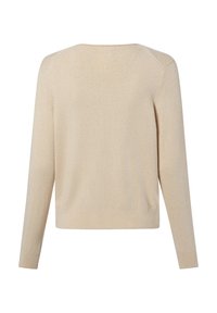 Pull beige, tissu en maille douce, encolure ronde, manches longues, poignets et ourlet côtelés, design minimaliste, sans motifs ni accents visibles.