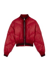 Giacca a vento rossa con design cropped, dotata di un collo alto, chiusura con zip e polsini e orlo a costine con accenti di rosso scuro.