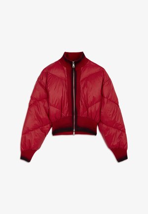 Red puffer jacket with a cropped design, featuring a high collar, zip closure, and ribbed cuffs and hem with dark red accents.