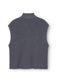 Ærmeløs grå striktop med en høj ribbet krave, prydet med et tekstureret mønster og en let cropped, firkantet form.
