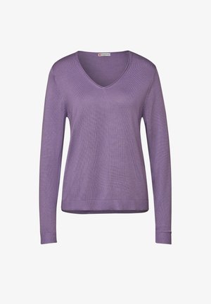 Pull en v lavande à manches longues, avec des poignets et un ourlet côtelés. Fabriqué en maille légère avec une texture lisse.