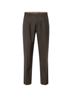Braune Nadelstreifenhose mit maßgeschneiderter Passform, gerade Beinform und glatter Textur. Mit Gürtelschlaufen und seitlichen Taschen.