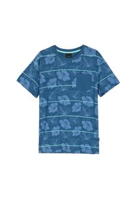 Niebieska koszulka z okrągłym dekoltem, ozdobiona kwiatowym wzorem w jaśniejszym odcieniu niebieskiego, z poziomymi paskami i kieszonką na lewej piersi. Wykonana z lekkiego materiału.